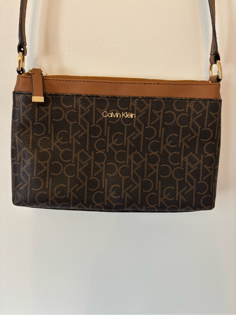 Calvin Klein Textured Faux Leather Brown Monogram Crossbody Bag